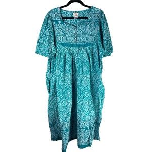 Cotton Indian block print pockets House Lounge MuuMuu Caftan Dress 3XL - 1 size